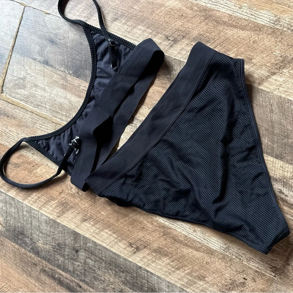 Frankie's Bikinis Black Ribbed High-Waist Bikini Set